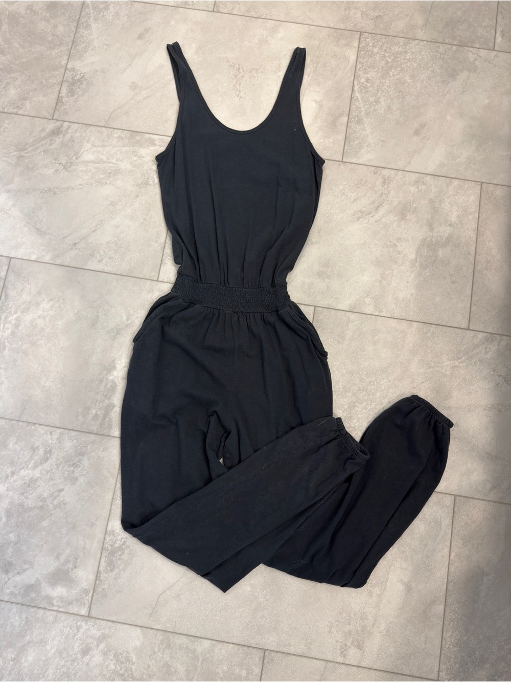 aerie Black Smocked-Waist Sleeveless Jumpsuit